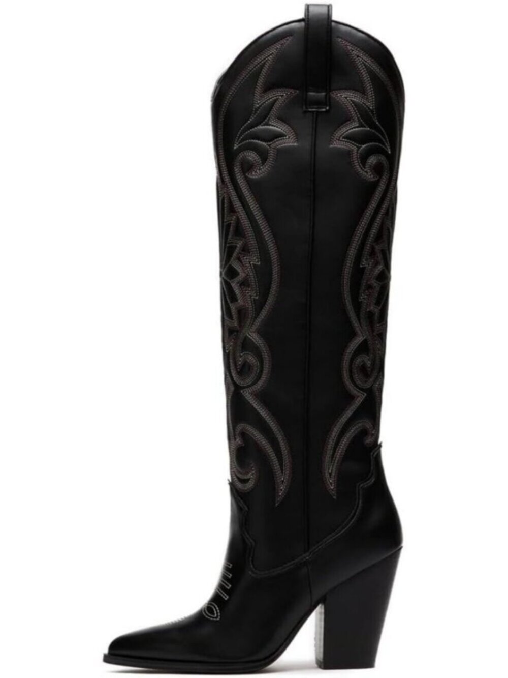 Women's Black Knee High Cowgirl Boots Pointed Toe Chunky High Heels Pull-on